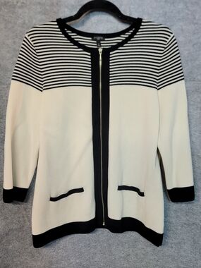 Talbots Black & Cream Striped Zip Cardigan